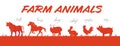 Collection of farm animals livestock red colored textured silhouettes in row isolated on white background. Royalty Free Stock Photo